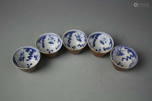 Set Of Five Cafe-Au-Lait Blazed Blue And White