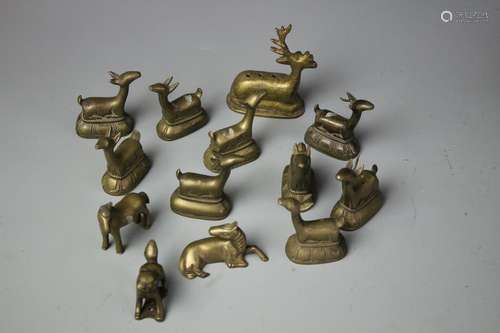 Set Of 13 Copper Carved Figures of Deers