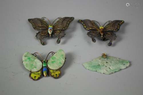 Set Of Two Silver Butterfly Shaped Brooches And Two