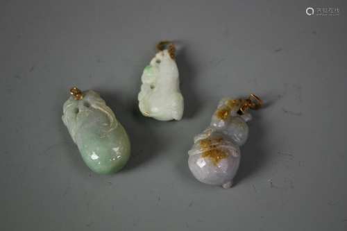 Set Of Three Various Colored Jadeite Carved Gourd