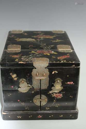 A Black Painted Shell Inlaid Dressing Cabinet With