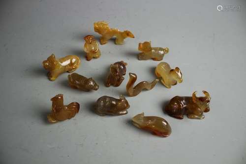 A set of Agate Zodiac Ornaments, Qing Dynasty