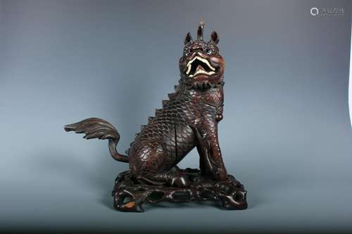 Hongmu carved Figure Of Kylin with stand(a tiny break