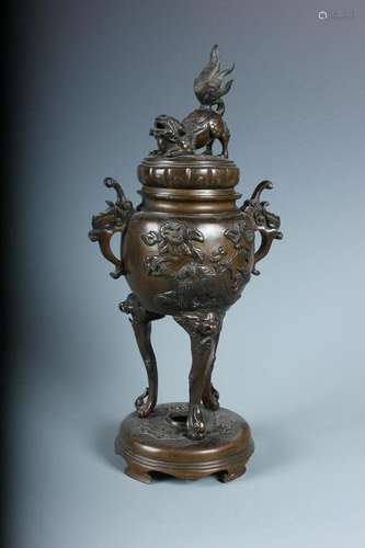 A Copper Tripod Mythical Beast Handles Censer With