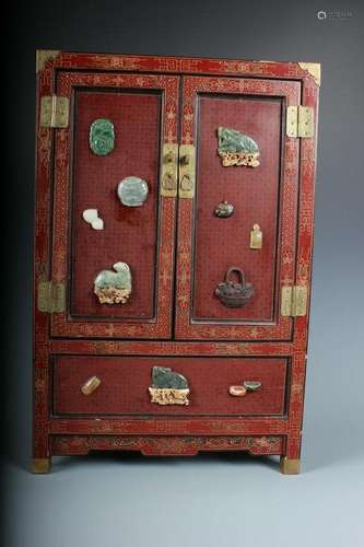 A Red Painted Shoushan Stone Inlaid Wooden Cabinet