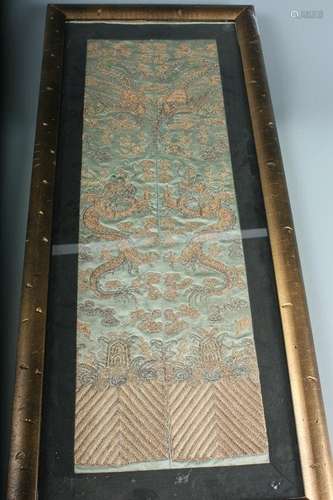 A Gold Silk Embroidered Textile Panel With Frame, Qing