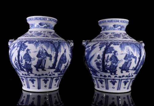 A Pair of Chinese Blue and White Porcelain Figural Jars