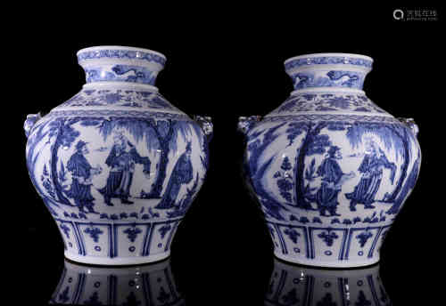 A Pair of Chinese Blue and White Porcelain Figural Jars