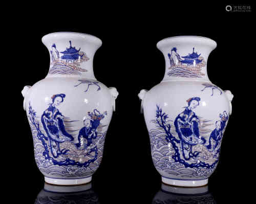 A Pair of Chinese Blue and White Porcelain Figural Vases