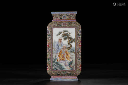 A Chinese Famille Rose Luohan Porcelain Square Vase