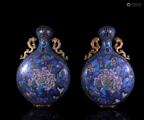 A Pair of Chinese Cloisonne Moon Flask Vases