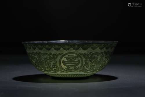 A Chinese Carved Floral Spinach Jade  Bowl
