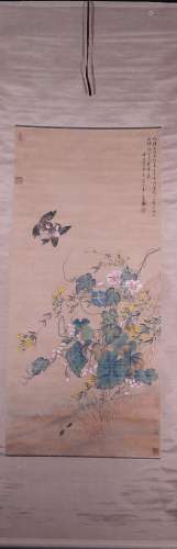 A Chinese Painting Scroll of Flowers and Birds, Zhu Zhifan Mark