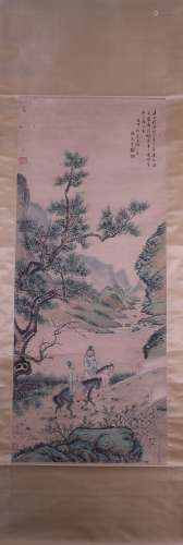 A Chinese Painting Scroll of Landscape and Figure, Zhanghong Mark