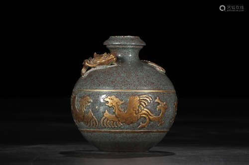 A Chinese Robin's Egg Glazed Porcelain Vase Carved with Phoenixes and Dragons