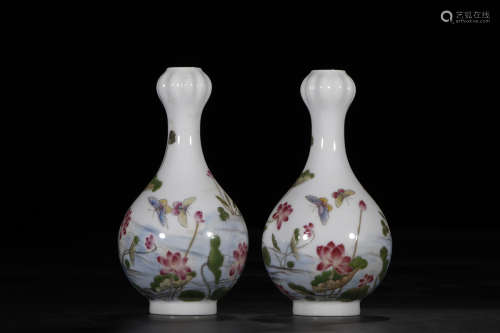A Pair of Chinese Enamel Garlic-mouthed Porcelain Vases Patterned with Lotus and Butterflies