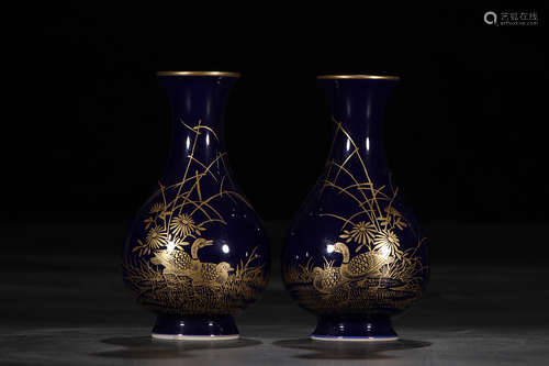 A Pair of Chinese  Gilt on Blue Glaze Porcelain Yuhuchunping Vase