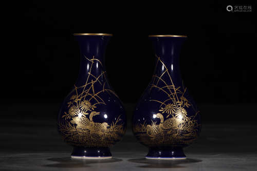 A Pair of Chinese  Gilt on Blue Glaze Porcelain Yuhuchunping Vase