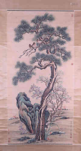 A Chinese Scroll Painting of birds and Flowers, Ai Qimeng Mark