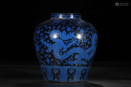 A Chinese Blue-glazed Porcelain Dragon Jar