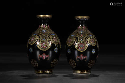 A Pair of Chinese Gilt on Black-Glazed Floral Porcelain Vases