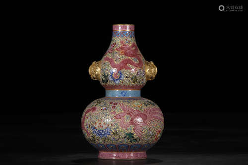 A Chinese Famille Rose Gilt Gourd Shaped Porcelain Vase