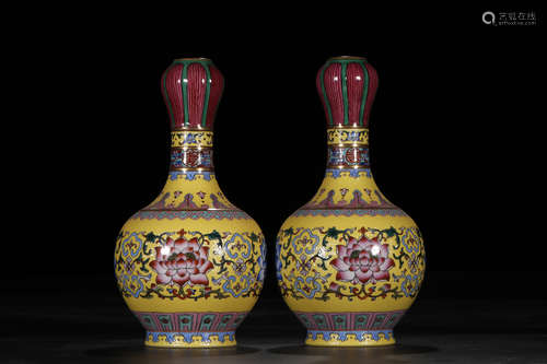 A Pair of Chinese Yellow Ground Garlic-mouthed Porcelain Vases