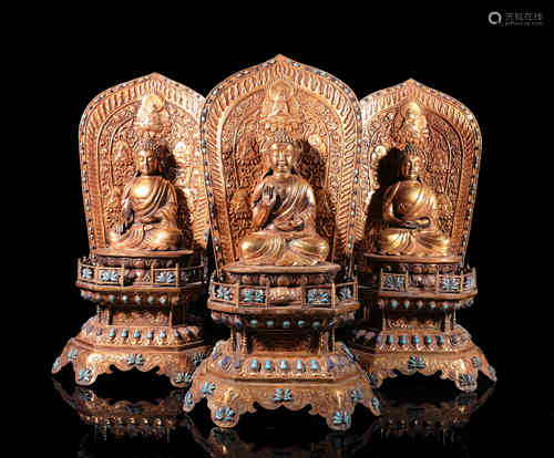 Three Chinese Gilt Bronze Statues of the Trikalea Buddhas