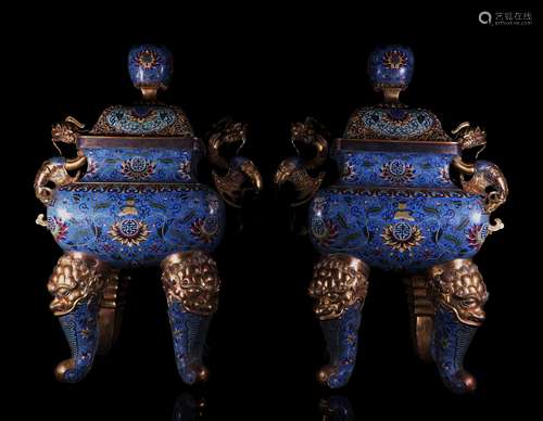 A Pair of Chinese Cloisonne Censers with Dragon Handles.