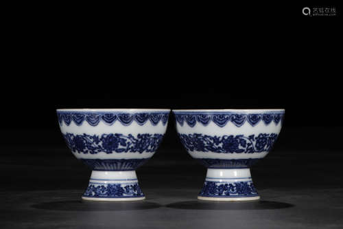 A Pair of Chinese Blue and White Porcelain Stem Bowls