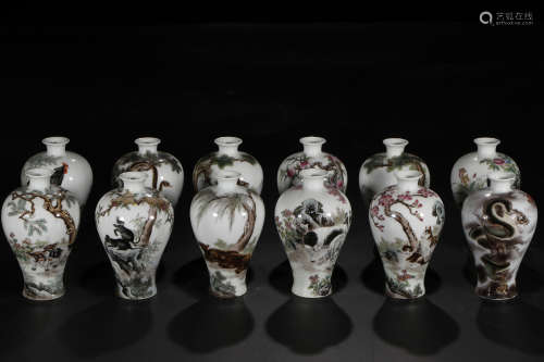 A Set of Chinese Enamel Zodiac Porcelain Meiping Vases