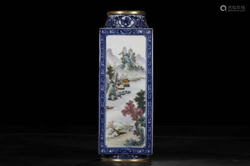 A Chinese Blue and White with Famille Rose Porcelain Square Vase, Qianlong Mark