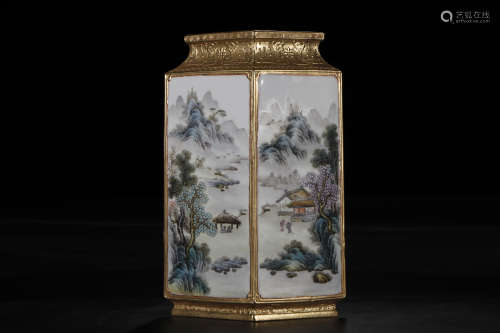A Chinese Famille Rose Gilt Porcelain Square Vase patterned with Landscape