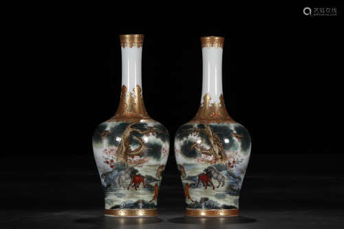 A Pair of Chinese Famille Rose Gilt Porcelain Vases with 8 Horses Decoration.