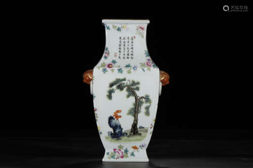 A Chinese Famille Rose Floral Porcelain Square Vase