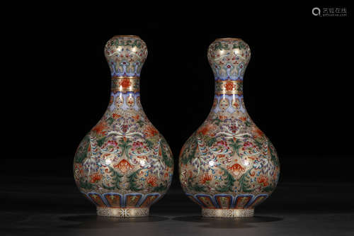 A Pair of Chinese Enamel Garlic-mouth Porcelain Vases .