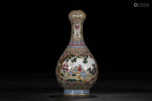 A Chinese Famille Rose Floral Garlic-mouthed Porcelain Vase