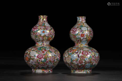 A Pair of Chinese Famille Rose Floral Porcelain Gourd Shaped Vases