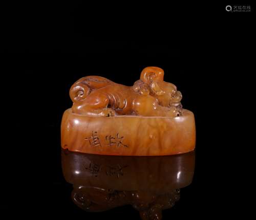 A Chinese Tianhuang Soapstone Seal Shaped in a Dragon