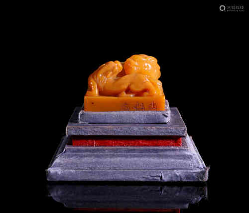 A Chinese Tianhuang Soapstone Seal Shaped in Double Lions