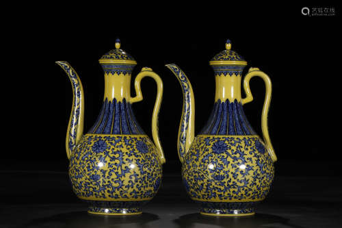 A Pair of Chinese Yellow-glaze Porcelain Ewers
