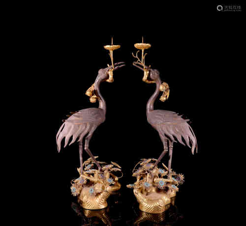 A Pair of Chinese Silver Crane Candlesticks