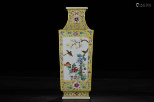 A Chinese Yellow Ground Porcelain Square Vase with Flowers and Birds Decoration