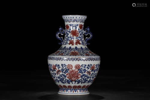 A Chinese Blue and White Underglazed Red Porcelain Floral  Vase.