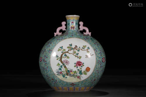 A Chinese Famille Rose Turquoise Porcelain Moon Flask Vase with Flowers and Birds Decoration