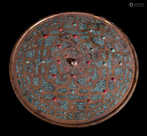 A Chinese Bronze Round Mirror Inlaid with Gems