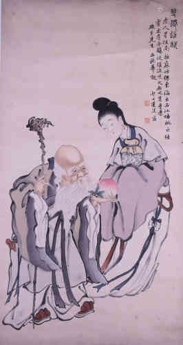 A Chinese God of Longevity Figure Painting, Lianxi Mark