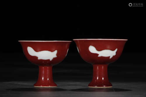 A Pair of Chinese Red Glaze Porcelain Stem Cups