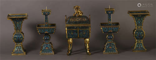 Five PIECES CHINESE CLOISONNE CENSER CANDLE HOLDER