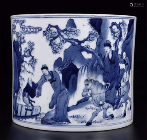 A CHINESE BLUE AND WHITE FLOWER AND BIRD FIGURE AND STORY BRUSH POT